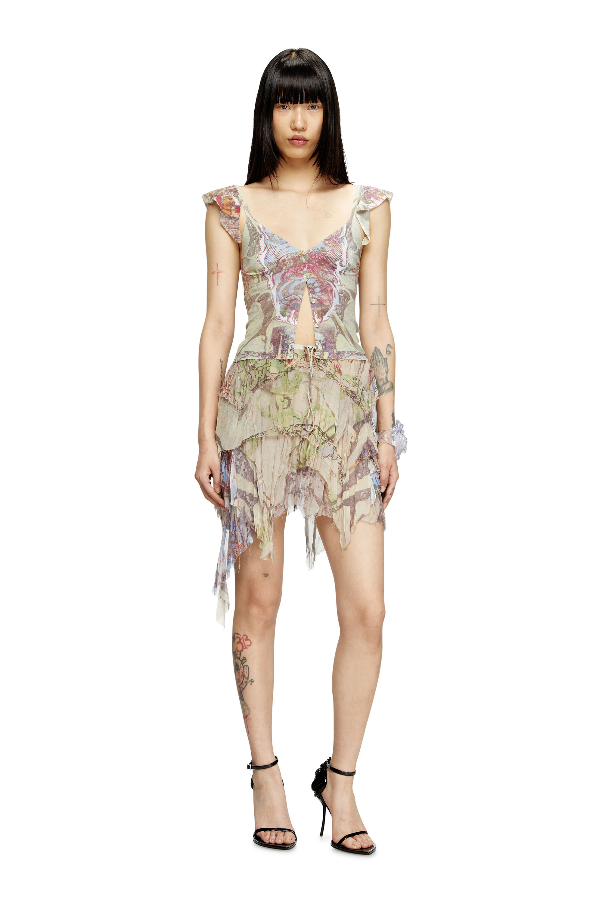 Diesel - M-FIORE, Haut en maille à épaules à volants avec imprimé médiéval Femme in Beige - 2
